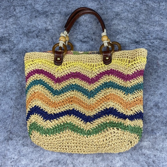 FOSSIL Long Live Vintage Woven Raffia Straw Canvas Leather Tote Shoulder Bag - Picture 1 of 9